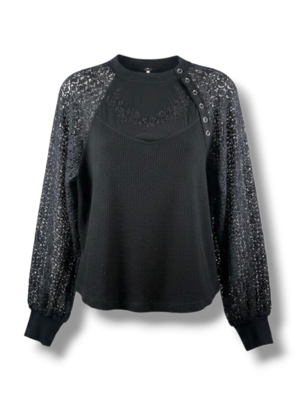 Free People Long Sleeve Lace Detail Top in Black Size M
